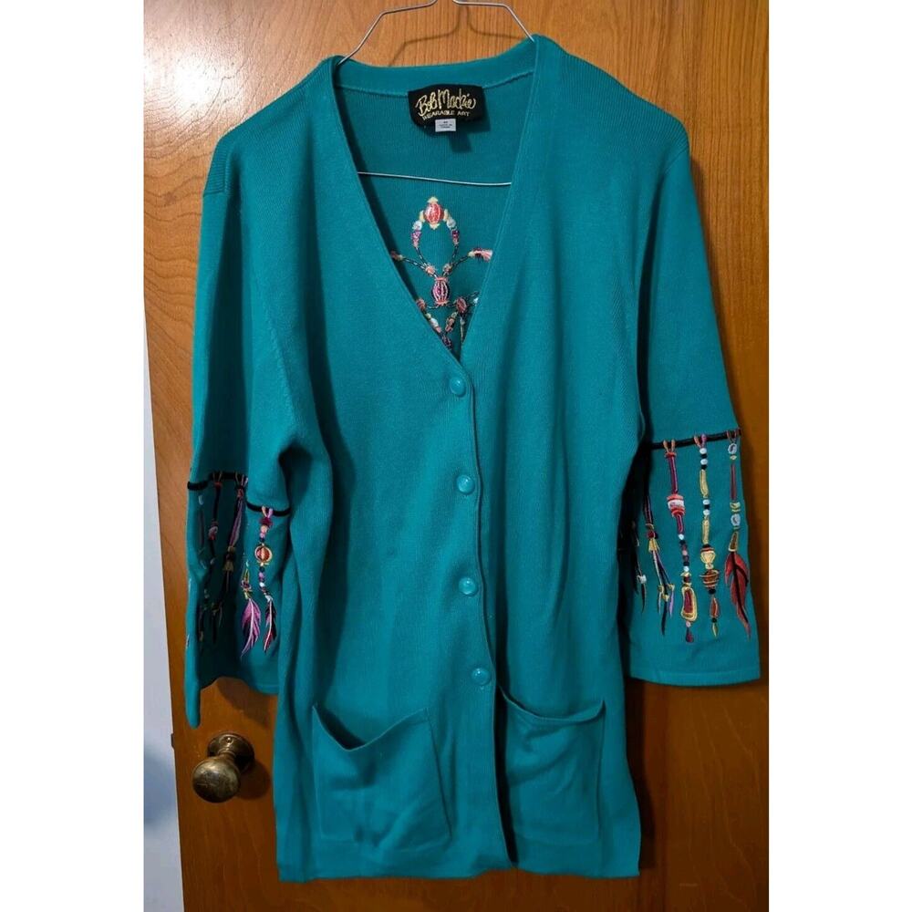 Vintage Women's Bob Mackie Wearable Art Teal Cardigan Sweater Size Med Boho